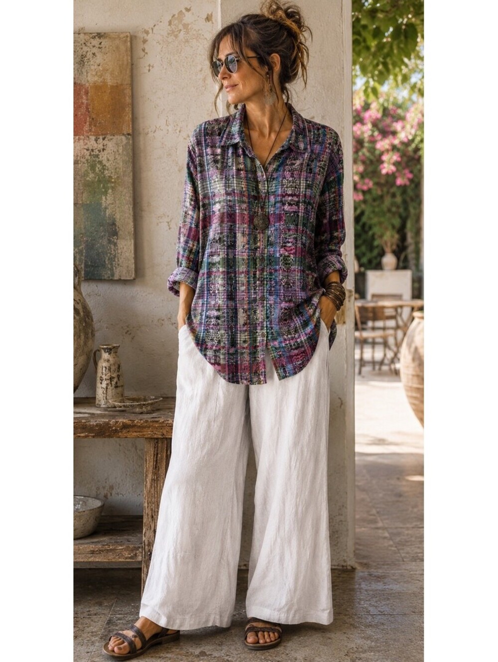 Altplano Womens L Wearable Art Shirt Abstract Plaid Patchwork Button Front L